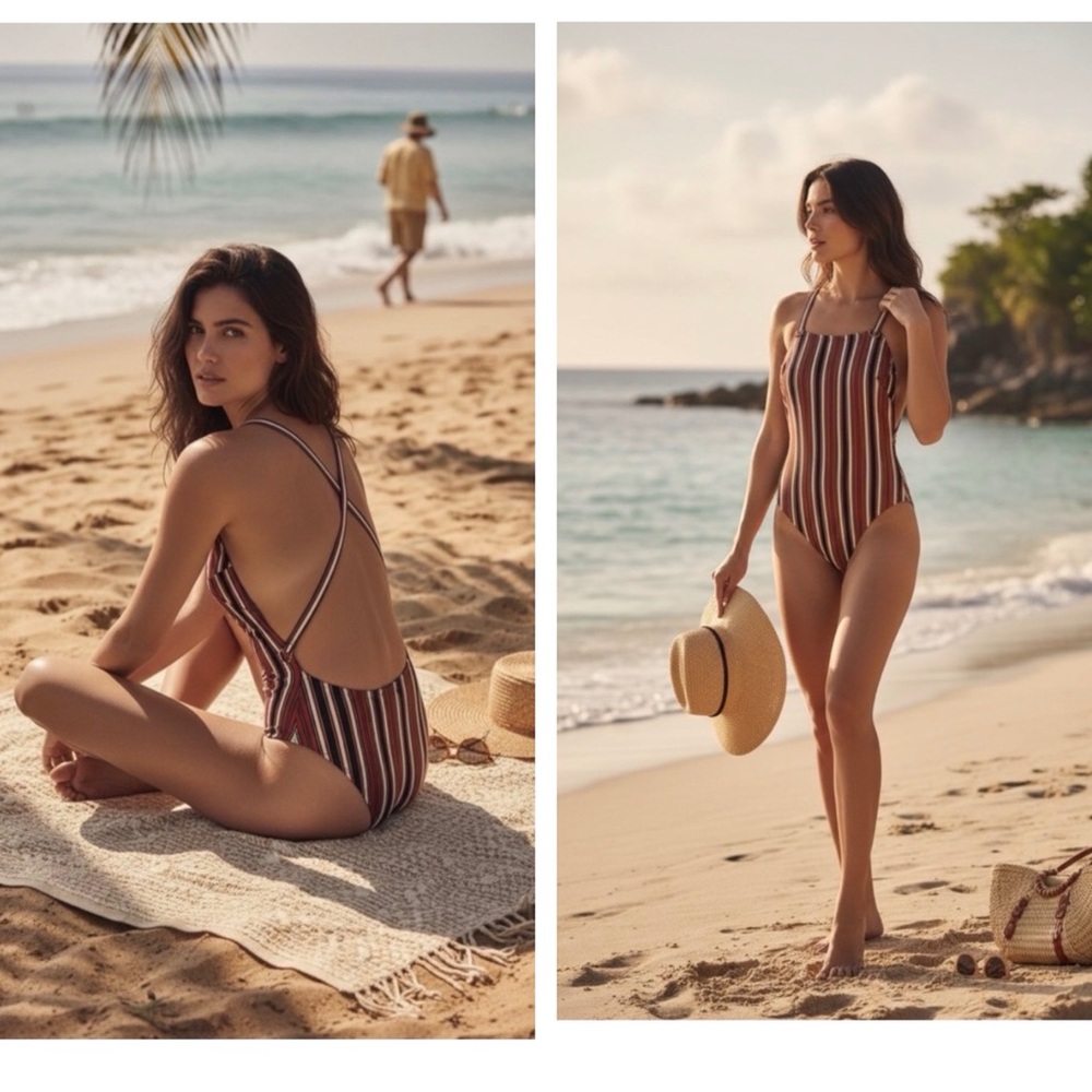 Doen Multistripe One-Piece Swimsuit in Brown, Cream and Black